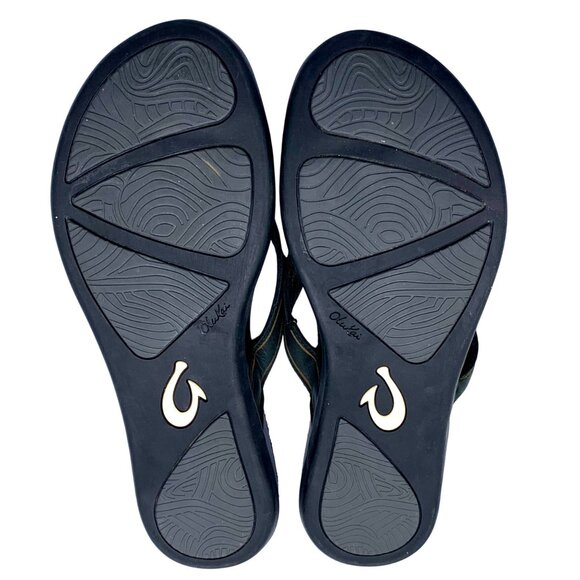 OluKai Aukai Beach Flip-Flop Sandals US 10 EU 40 Black Leather Upper Rubber Sole - Picture 7 of 10